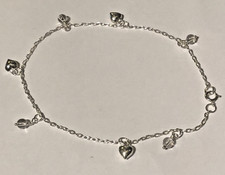 REAL Sterling Silver HEARTS Crystals ANKLET Ladies Ankle Bracelet 9inch 925 REAL
