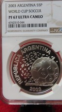 Argentina 2003 World Cup FIFA Soccer / Football Silver 5 Peso NGC PF67  proof