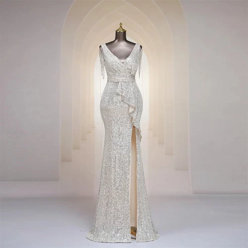 Evening Dress Tassel V Neck Ruffles High Split Women Sequin Long Prom Party Gown - Picture 20 of 30