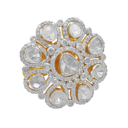 925 Sterling Silver Ring 18k Gold Plated Natural Diamond Polki Removable Shank - Picture 2 of 6
