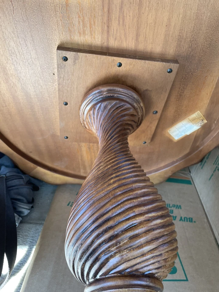 Pedestal End Table Mahogany Stain Free Form Carved Burl with Compass Rose Inlay - Image 4 of 4