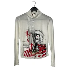 Vintage Y2K Fashion Victims Punk Rock Print Jersey Turtleneck Top Shirt Size M L