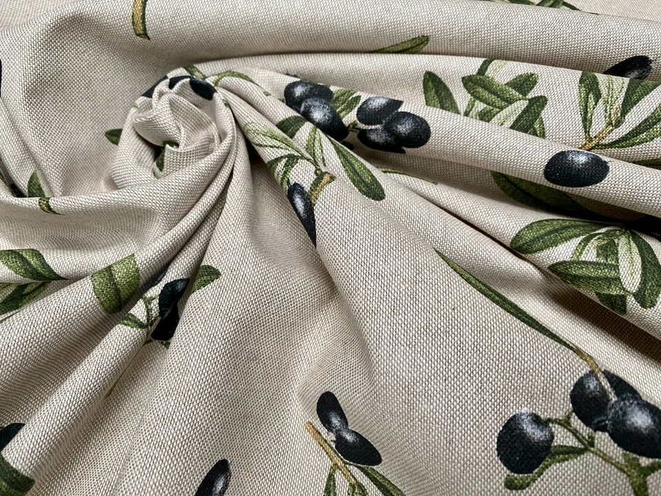 Cortina de tecido estampada de linho ramo de azeitonas preto material folha verde 55" de largura - Imagem 2 de 4