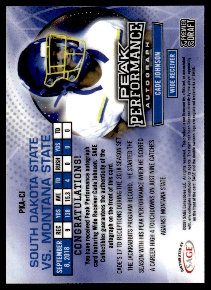 2021 SAGE Premier Draft Peak Performance Autographs Cade Johnson Auto South - Image 2 of 2