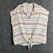 Weatherproof Linen Top Lagenlook Women XXL Striped Cap Sleeve Tie Waist Boxy