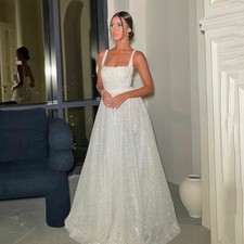 Glitter Wedding Dresses A Line Spaghetti Strap Puff Tulle Bridal Gowns Train