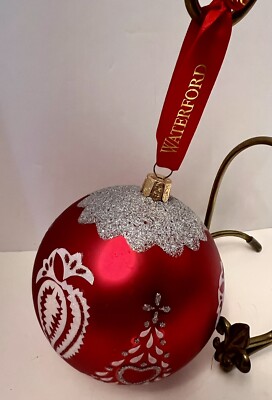 Waterford Holiday Heirloom Blown Glass Ball Floral Tree Ornament Ribbon No Box