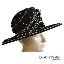 Vintage Makins New York Black Rhinestone Bow Wide Brim Church Derby Ladies Hat
