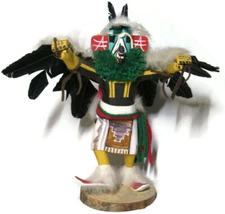 Vintage Kachina Doll  Eagle Dancer 7" Tall  Artist Signed YHZ YAZ Feathers Wood