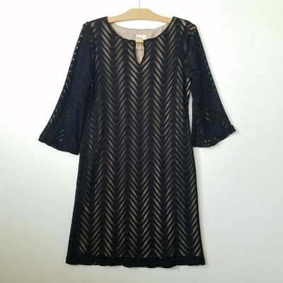 Emma Michele Womens M Dress 3/4 Flare Sleeve Lace Lined Pullover LBD Balck