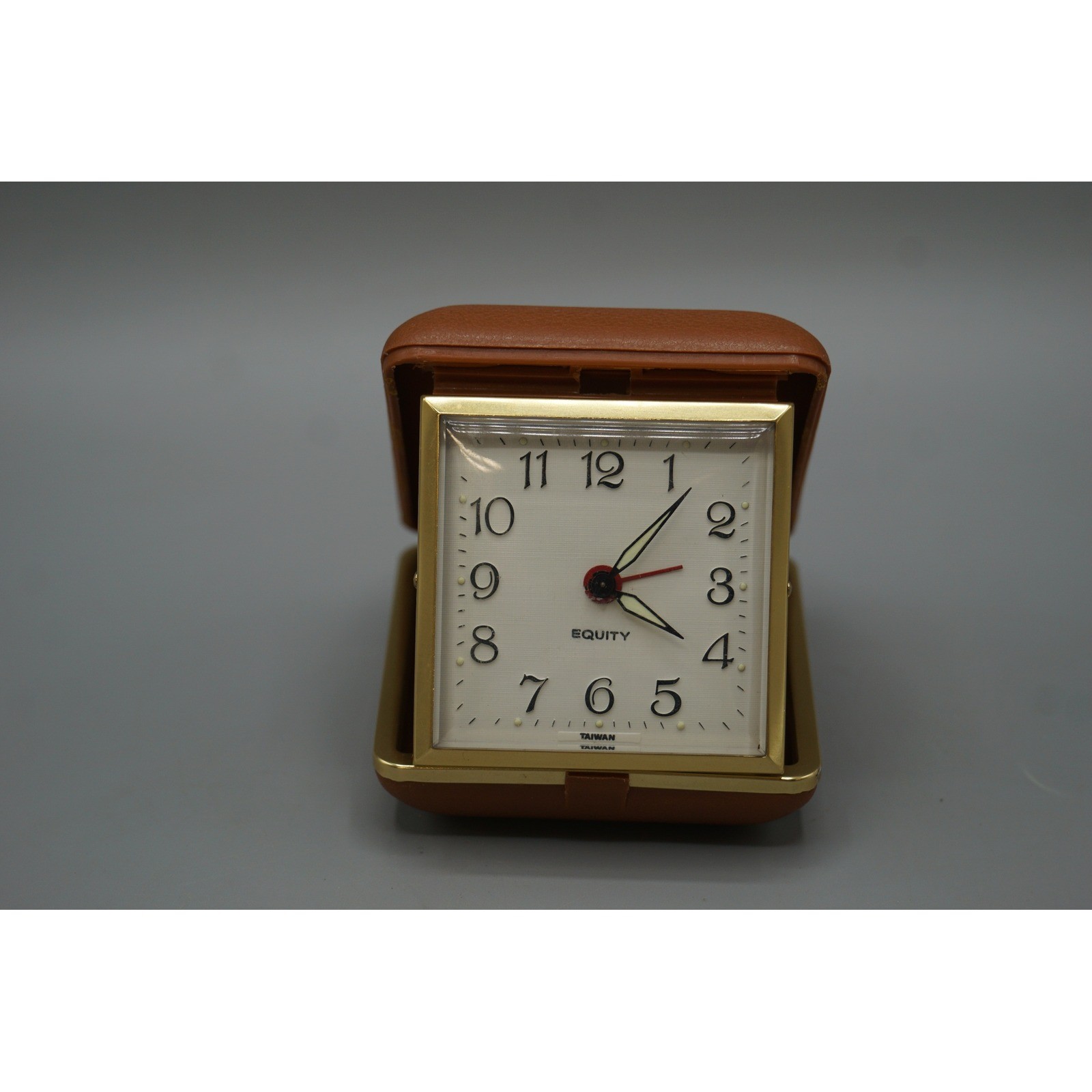 Vintage Equity Folding Travel Alarm Clock Brown Faux Leather Case Gold Tone Trim photo Vintage Equity Folding Travel Alarm Clock Brown Faux Leather Case Gold Tone Trim photo