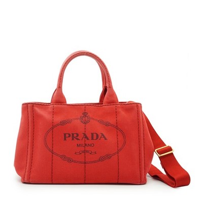 Prada Mini Tote Bag aus rotem Canvas mit Hanf-Logo und Schultergurt