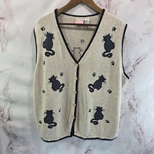 Vintage Sweater Vest Women 2X Blue Embroidered Crazy Cat Lady 90s Granny Grandma