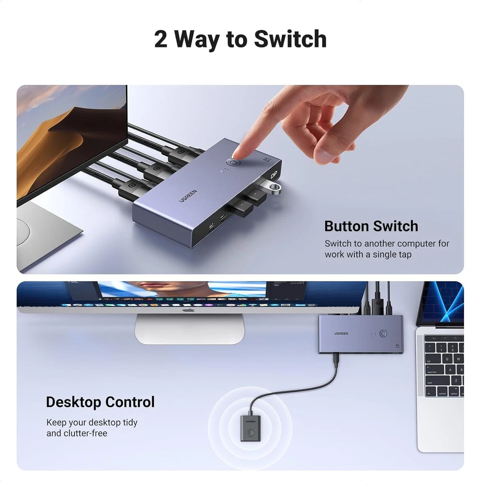 UGREEN 8K Displayport KVM Switch DP 1.4 with 4 USB 3.0 Ports (3 USB-A + 1 USB-C) - Image 3 of 4