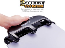 Office EZ Squeeze 20 Sheet Standard 3 Hole Punch, Metal Construction, Silver/...