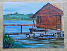 Pintura al óleo original 9x12 pulgadas Panel de lona plein air paisaje cobertizo firmado