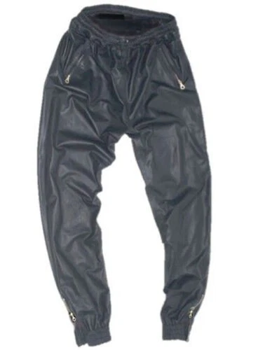 Men's Black Leather Trousers For Drawstring Pure Leather Joggers Elastic