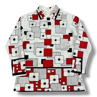 Vtg 70s Mod Floral Print Shirt Psychedelic Blouse Long Sleeve Top Red White Blk