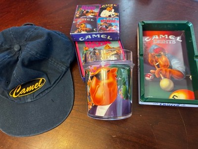 Vintage Joe Camel Advertising Lot 90s Pool Ash Tray Coasters Hat Cap Tumbler