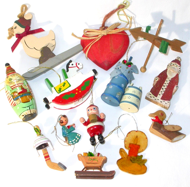Vintage Wooden Santa Sleigh Heart Duck Rocking Horse Christmas Ornaments Lot 13