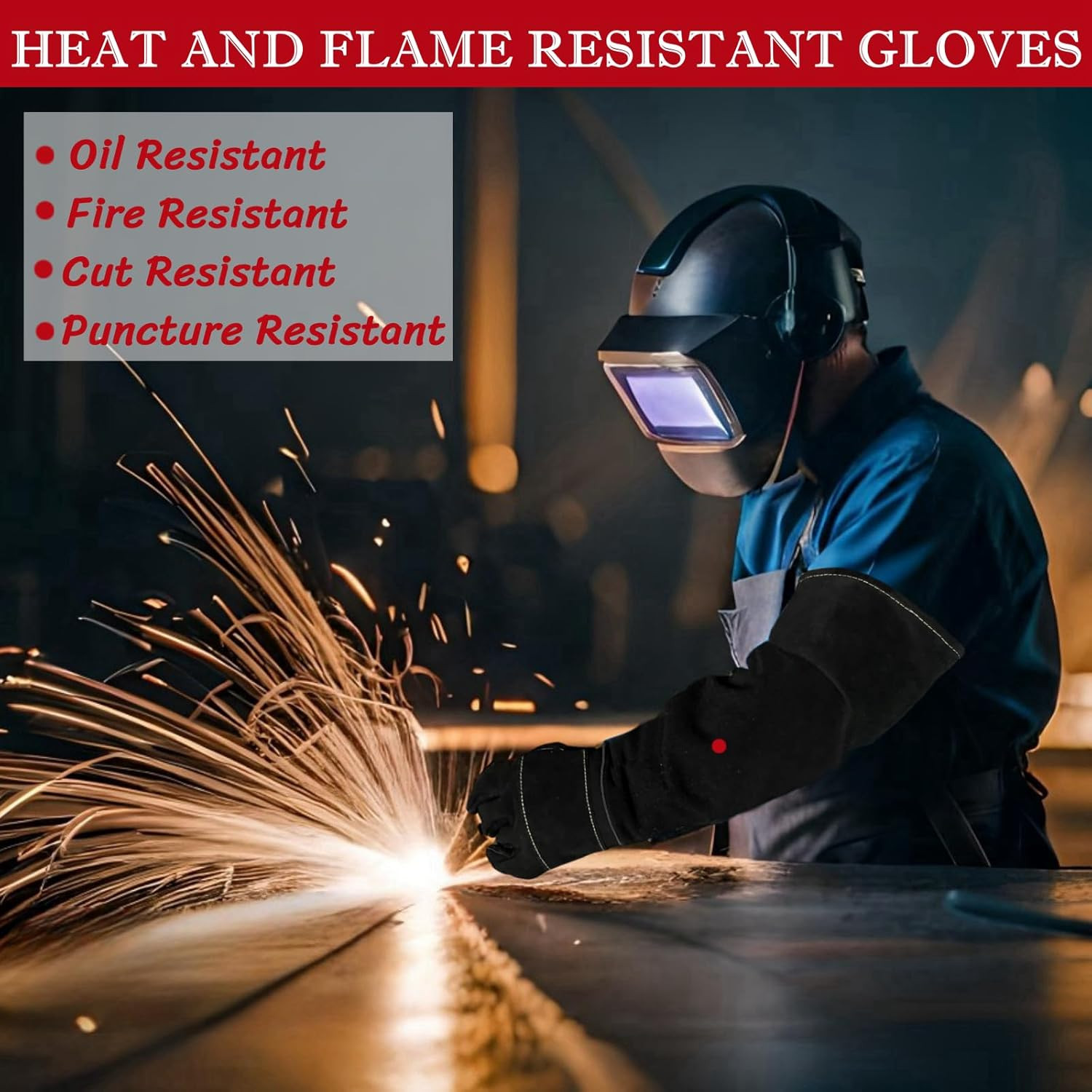 23.6" Long Sleeve Welding Gloves, Heat Resistant Leather, Heavy Duty, 1 Pair