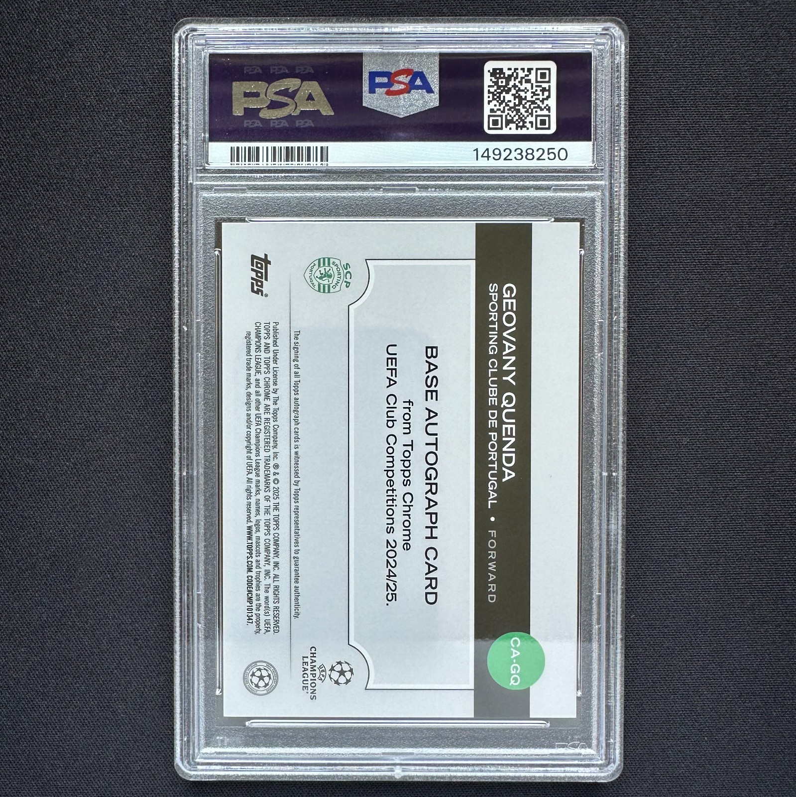 202425 Topps Chrome UCC Sporting RC Geovany Quenda Auto Aqua 199 PSA 10 G2U view 2
