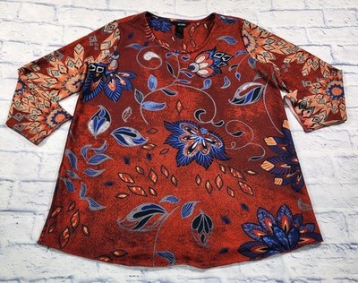 Ali Miles WOMENS M Tunic Top Red Multicolor Floral 3/4 Sleeve Scoop Neck