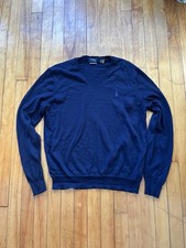 Polo Ralph Lauren Navy Blue Pony Logo Washable Merino Wool V Neck Sweater Men M
