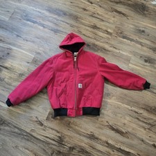 VINTAGE Carhartt Duck Jacket Coat Mens L J04 RED Lined Hooded Made in the USA