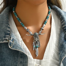 Western Cowboy Style Bull Head Pendant Turquoise Imitation Beaded Necklace