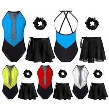 Kids Girls Set Sleeveless Outfits Figure Skating Dancewear Rhinestone Costume