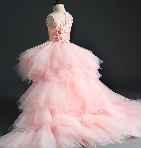 Girl Wedding Party Flower Girl Dresses Pink Tulle Trailing Princess Gown Floral - Picture 14 of 20