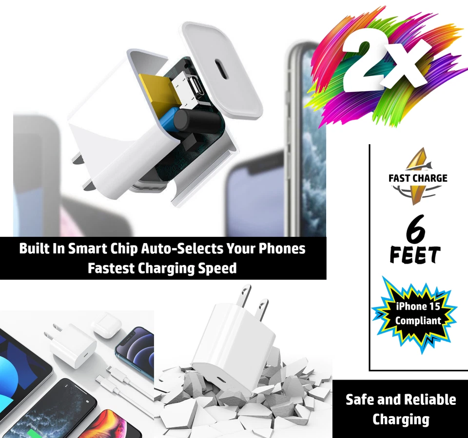 2 Pack 6ft USB C Fast Wall Charger Adapter Cable for Apple iPhone 13 14 15 16 17 - image 4 of 4