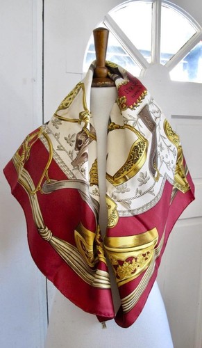 Vintage HERMES Scarf Carre "ETRIERS" 90cm by F de LA PERRIERE Red Color Path