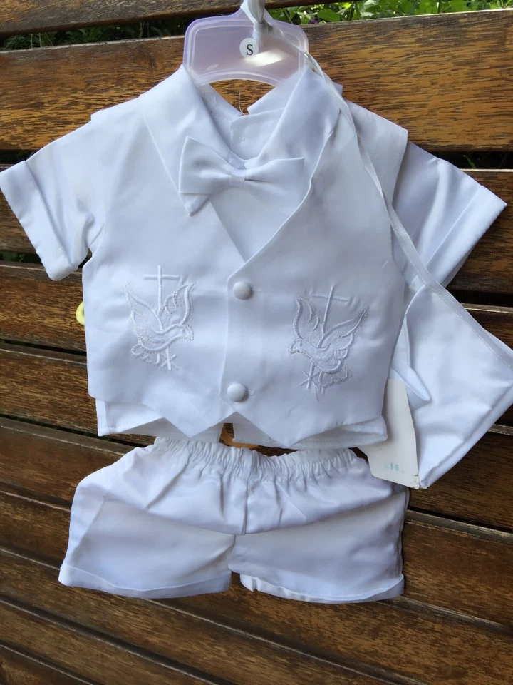 Boys baby child white short sleeves christening shower outfits suits 4 pcs set - Image 2 of 4