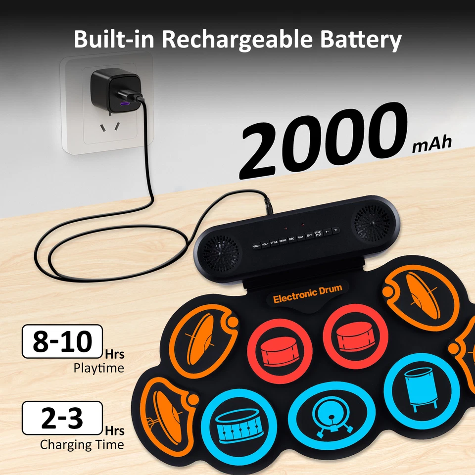 Electronic Drum Set 9 Pads Drum Practice Pad Kit Roll-Up Electric Drum Set USA - Image 3 of 4