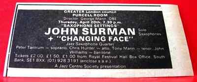 John Surman/Changing Face Gig Vintage ORIG 1978 Press/Mag ADVERT 4''x 2'' Jazz Sax