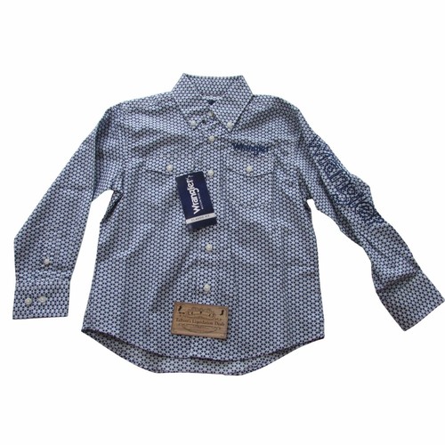 Wrangler Boy's Long Logo Sleeve Geo Print Snap Western Shirt Blue/White - Picture 6 of 8