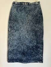 Vintage Blue Acid Wash Midi Length High Waist Back Slit Denim Pencil Skirt
