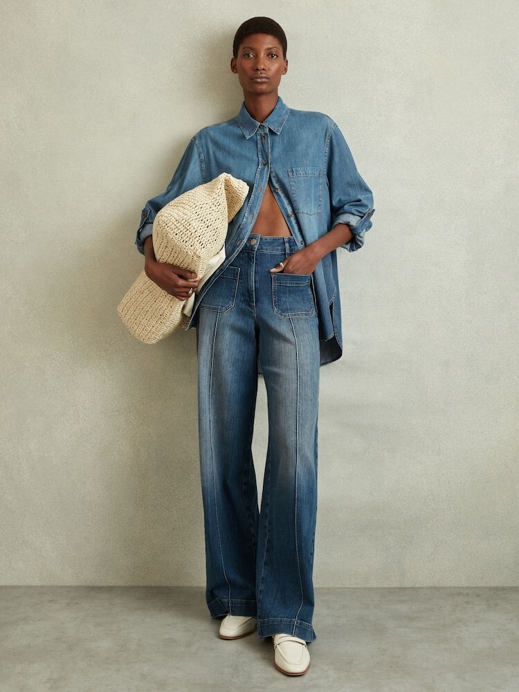 REISS Kira Petite Front Pocket Wide Leg Jeans in Mid Blue ize 24