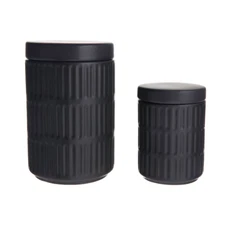 ROUND CERAMIC CANISTERS w LID SET OF 2 URBAN TREND PRESSED VERTICAL LINE PATTERN
