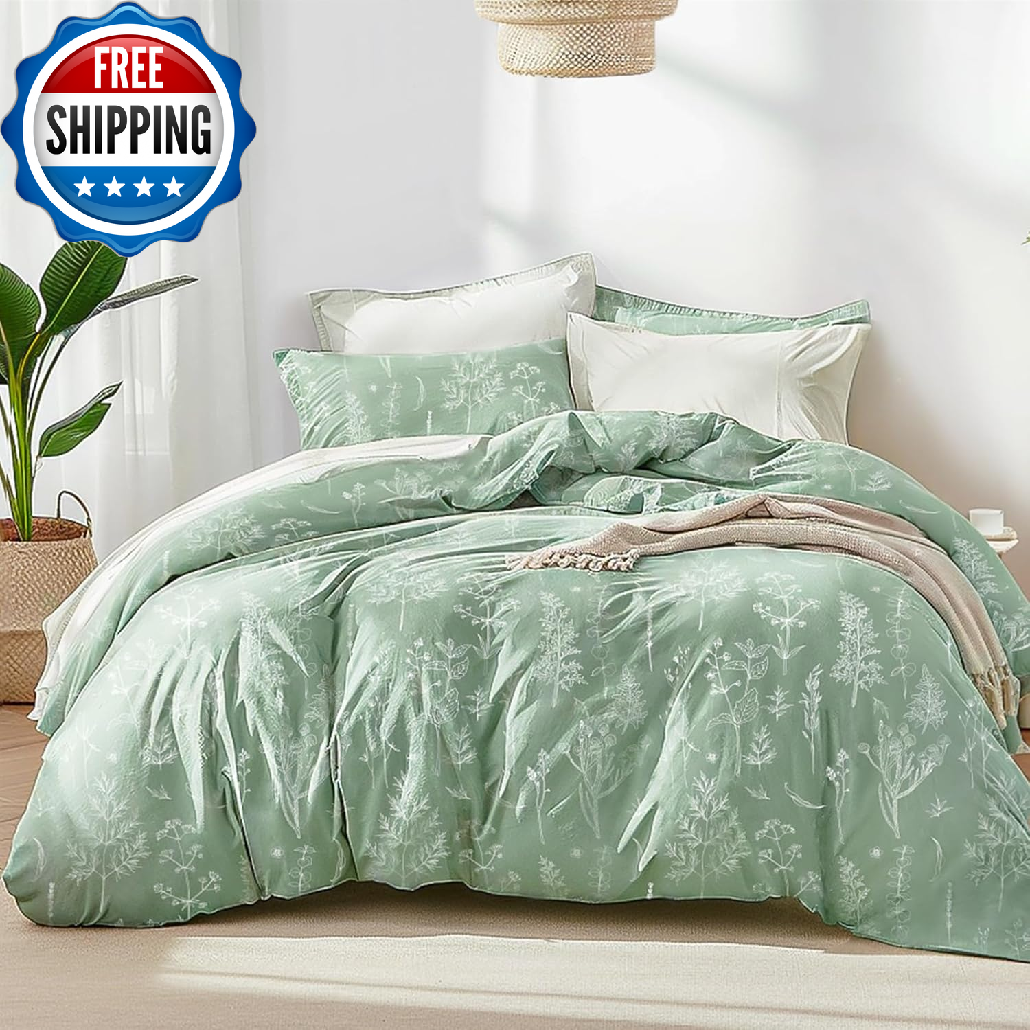 Comforter King Size Set - Sage Green King Comforter Set, 3 Pieces Cute Floral Be