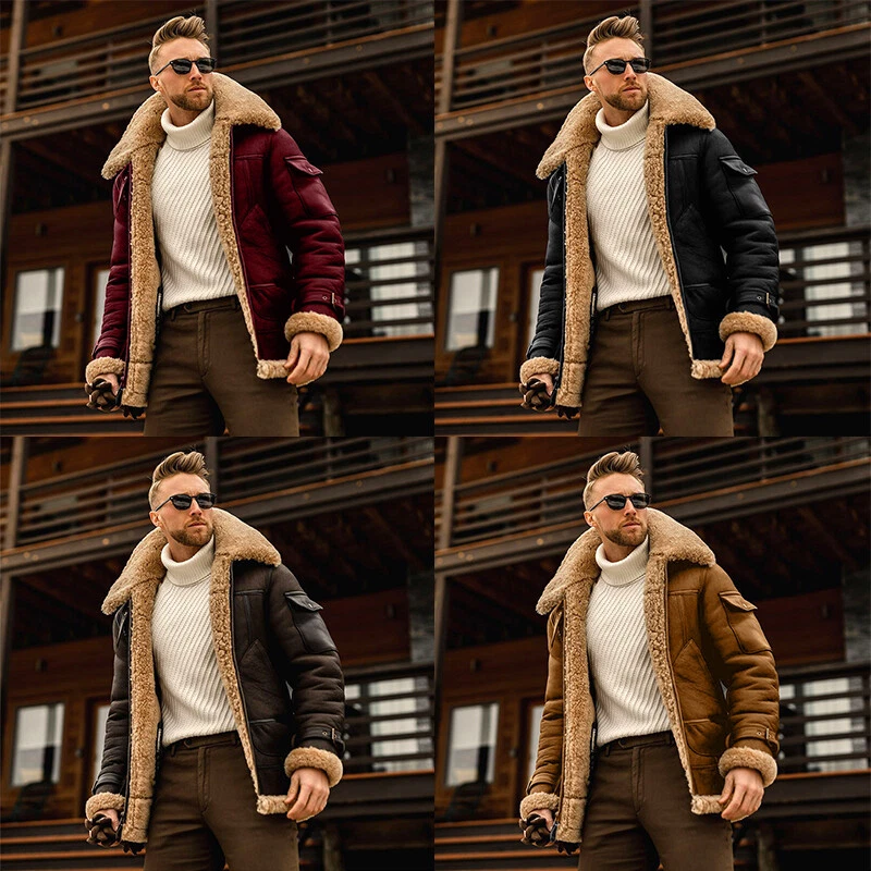 Mens Faux Lamb Shearling Sheep Skin  Flying jacket Winter  Coat - Image 2 of 4