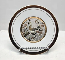 Art of Chokin Plate 24k Gold Gild Trim Bird Cherry Blossoms Flowers 6" Japan