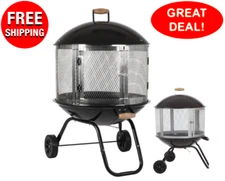 Outdoor 28" Mobile Portable Round Steel Wood Fire Pit With Convenient Wheels NEW