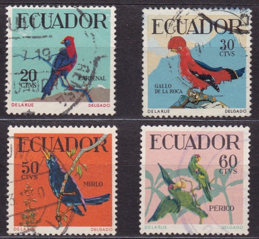 ECUADOR #645-648 USED CARDINAL, COCK-OF-THE-ROCK, COWBIRD & RED-FRONTED AMAZON
