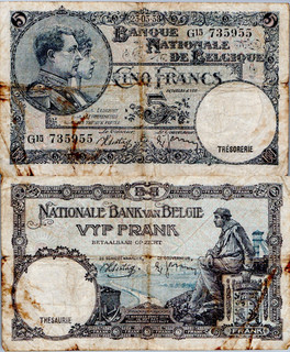 Belgium 5 Francs Cinq Banknote King Albert Old Paper Money Grade Poor A23/67