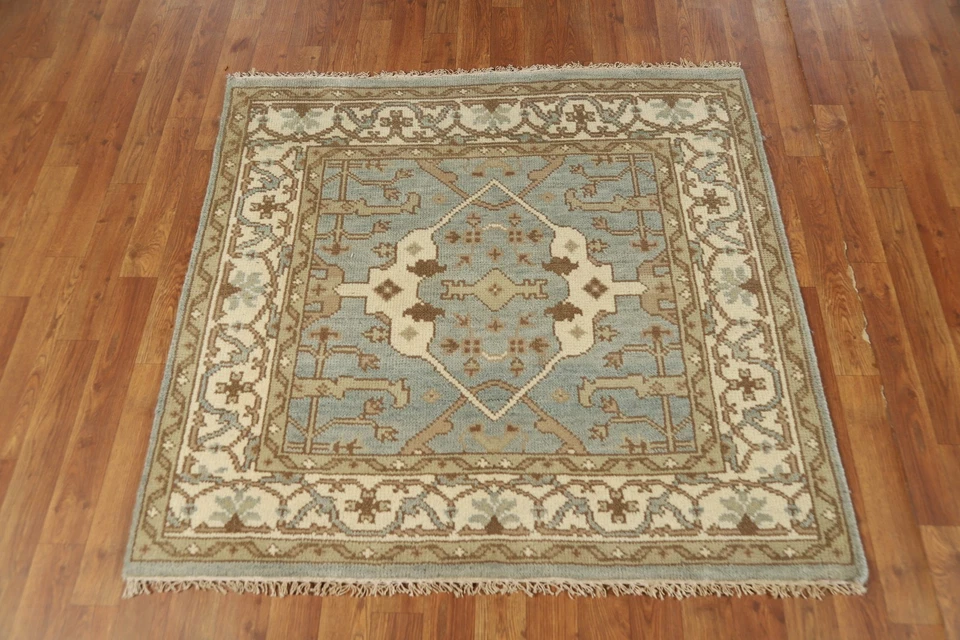 Light Blue Oushak Style Square Rug 4x4 Ft Hand-Knotted Transitional Floral Wool - Image 3 of 4
