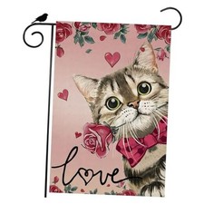 Valentine s Day Romantic Roses Love Hearts Cat Garden Flag Yard Flag 12x18 Inch