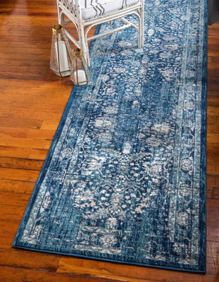 Oslo Collection Navy Blue/Beige Runner Rug - 3' x 13'